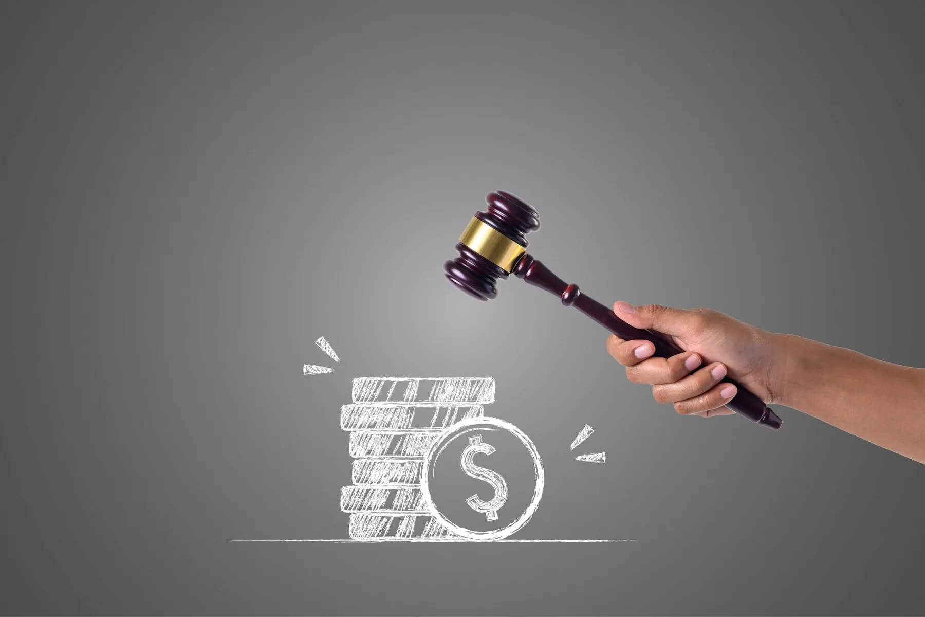 Gavel hitting animated money.